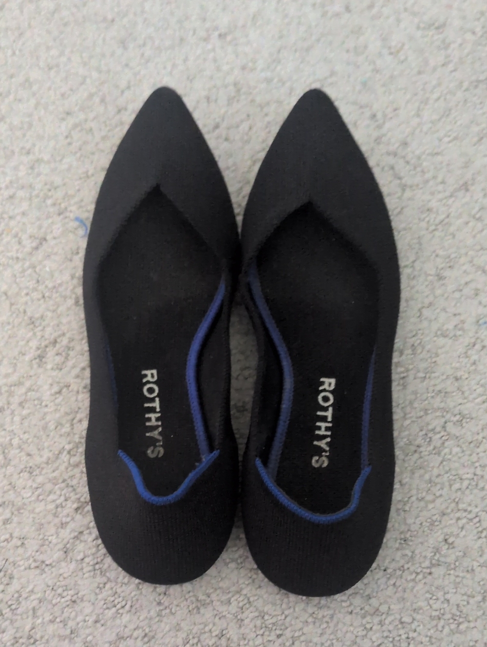 Rothy's Black Pointed Knit Flats with Blue Trim